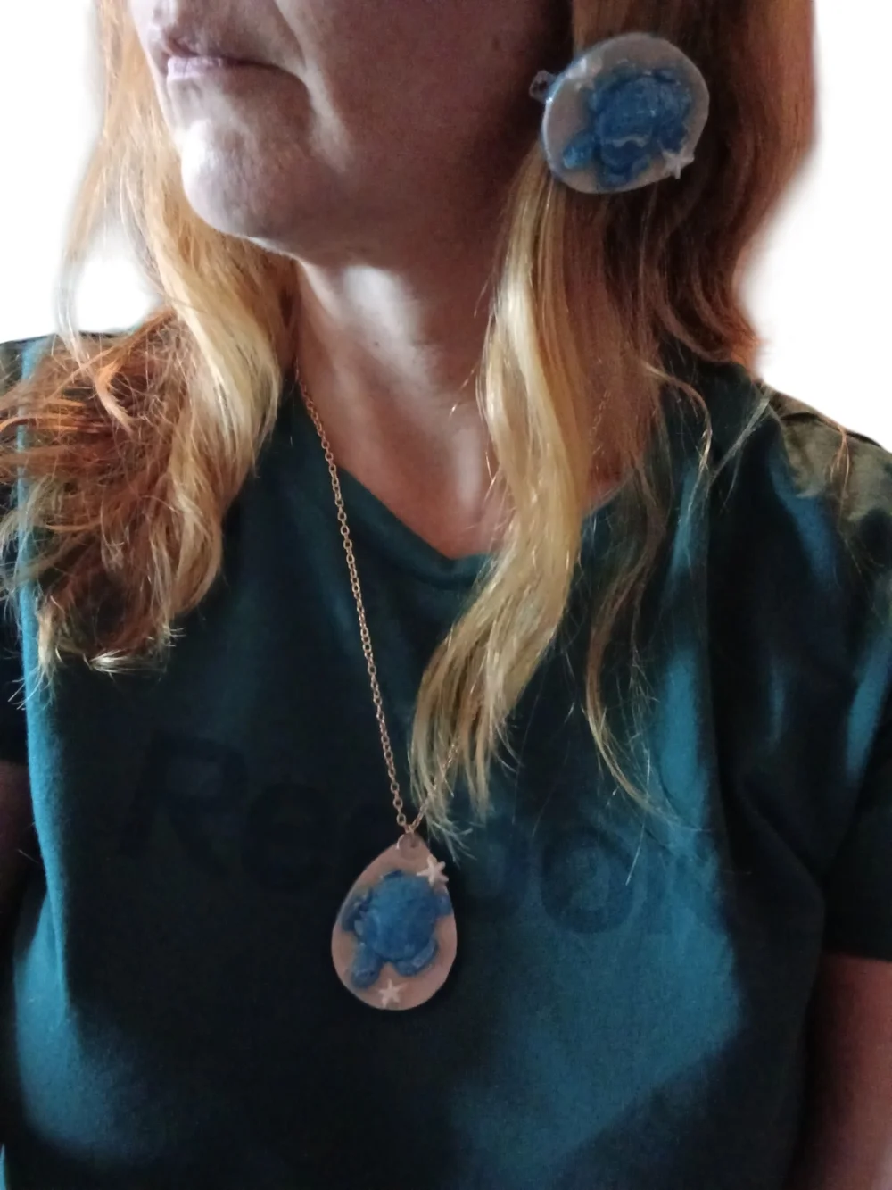 Handmade Sea Turtle Pendant Necklace and Matching Barrette Set